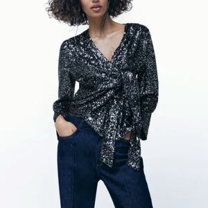 Zara Sequin Bow Tie Shirt